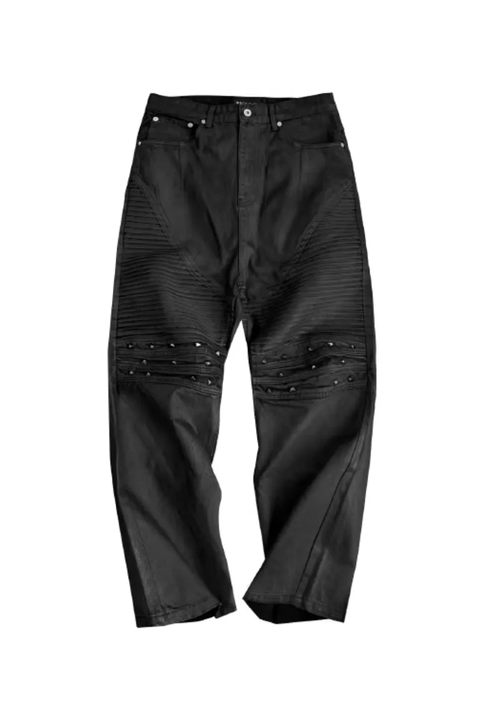 GOJOYJINNI Biker Armor Studded Waxed Jeans - ワックスコーティングと膝のスタッズアーマーが特徴のブラックデニム正面