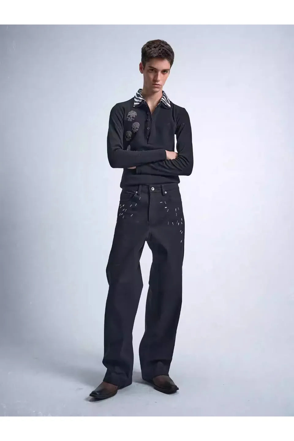 Black Loose Straight Leg 150Z Raw Denim Jeans with Studs
