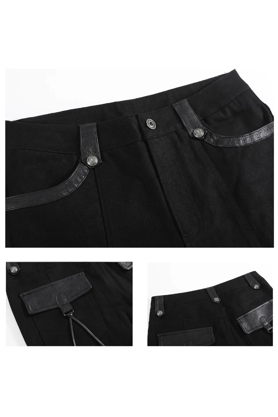 Black Trousers in Scimitar Canvas with Decorative Leather Trim and Buttons