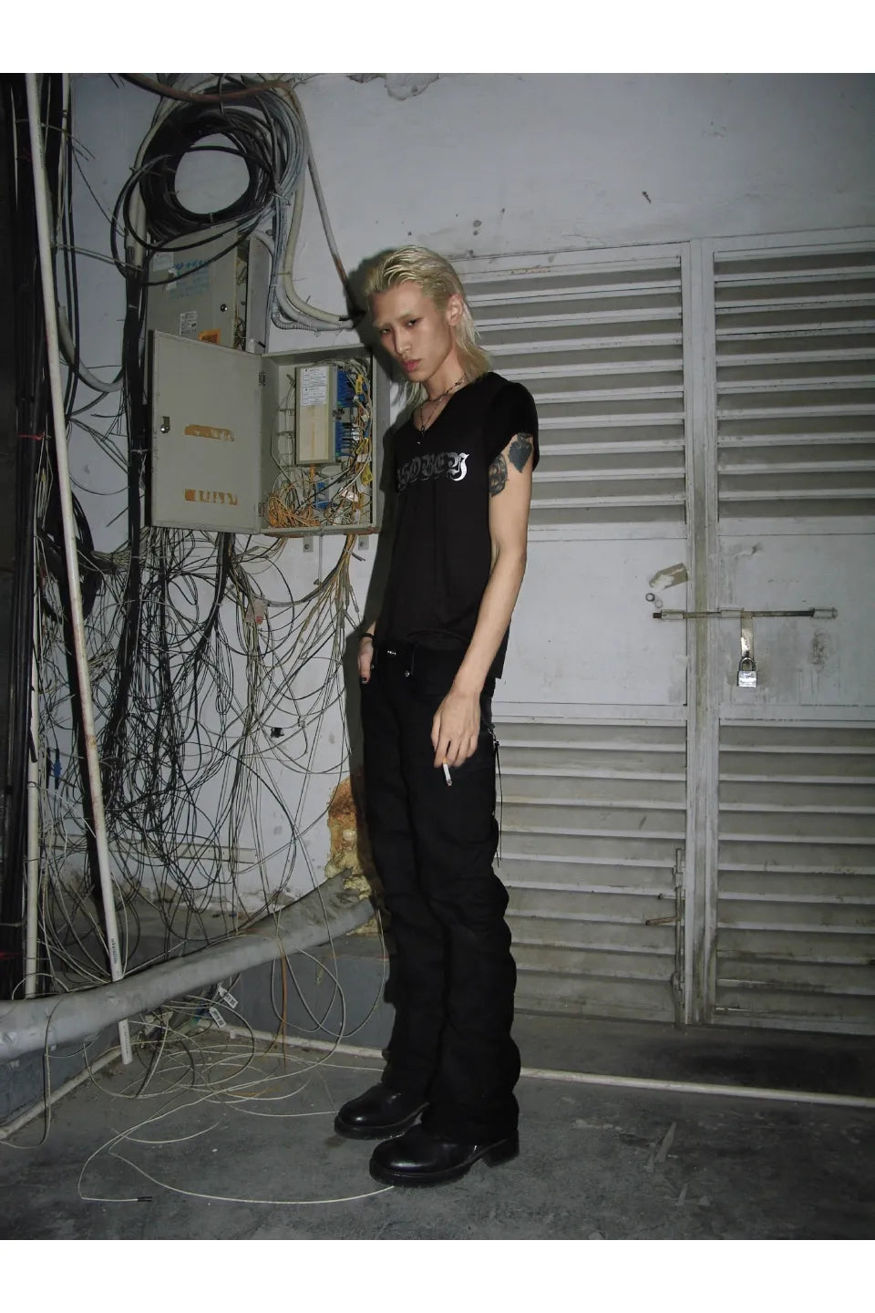 Black Trousers in Scimitar Canvas with Decorative Leather Trim and Buttons