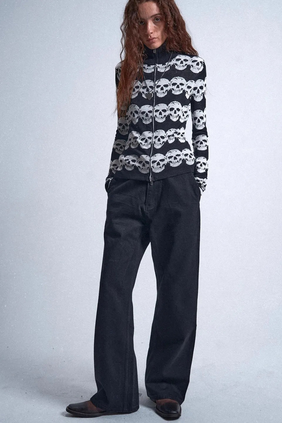 Black and White Skull Striped Jacquard Wool Double Zipper Fit Cardigan Jacket