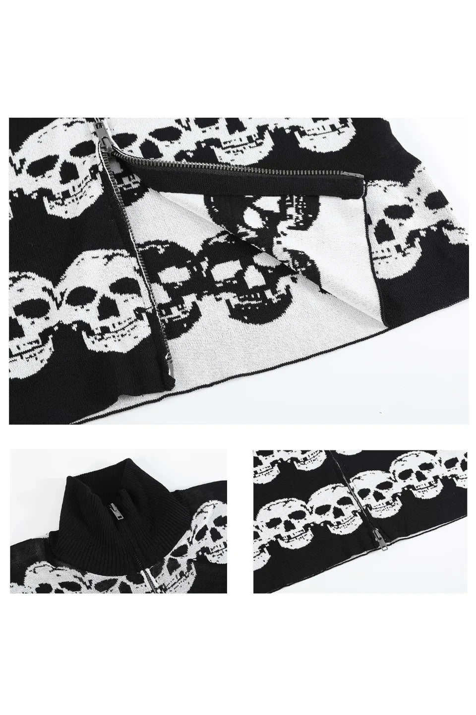 Black and White Skull Striped Jacquard Wool Double Zipper Fit Cardigan Jacket