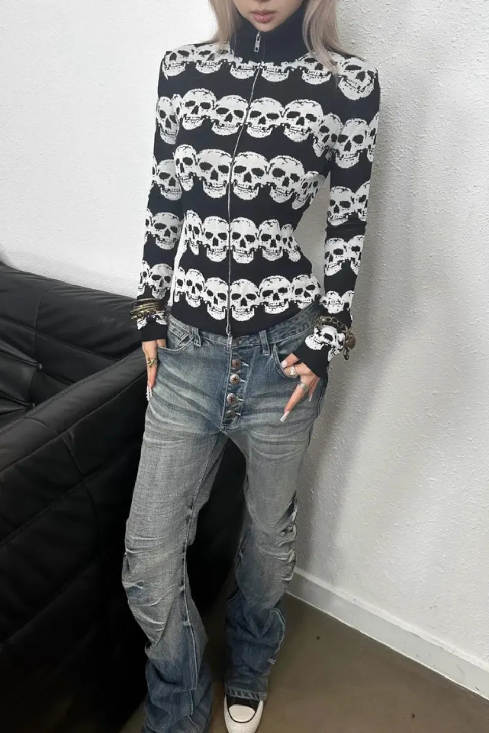 Black and White Skull Striped Jacquard Wool Double Zipper Fit Cardigan Jacket