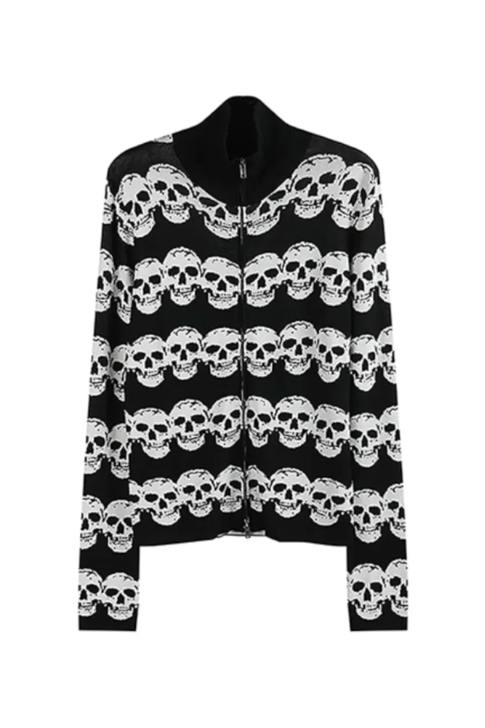 Black and White Skull Striped Jacquard Wool Double Zipper Fit Cardigan Jacket