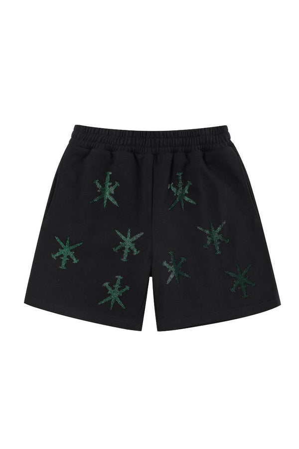 Black with Green Dagger Rhinestone Shorts
