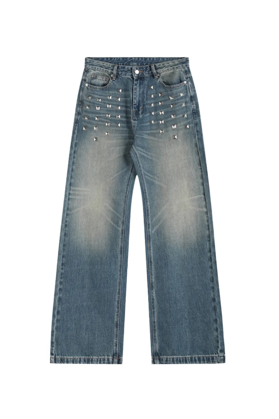 Blue Distressed Whisker Wash Baggy Loose Straight Jeans with Square Nails