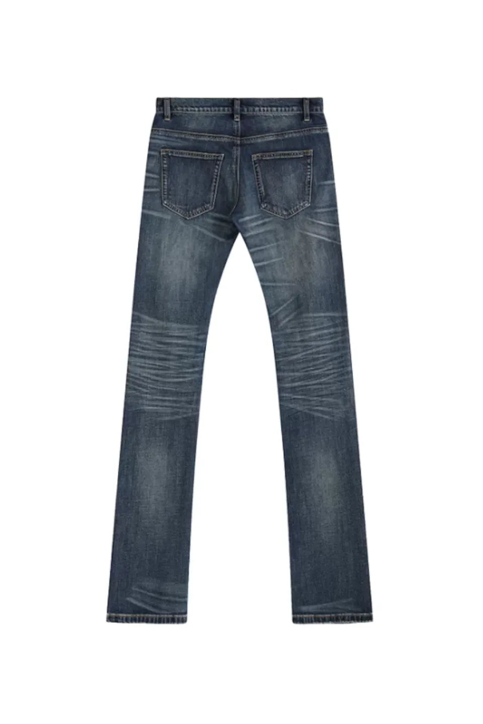 noEmosen Blue Ghost Washed Aged Denim - 激しい色落ちと膝のボーダーリペアが特徴のエイジング加工デニム背面