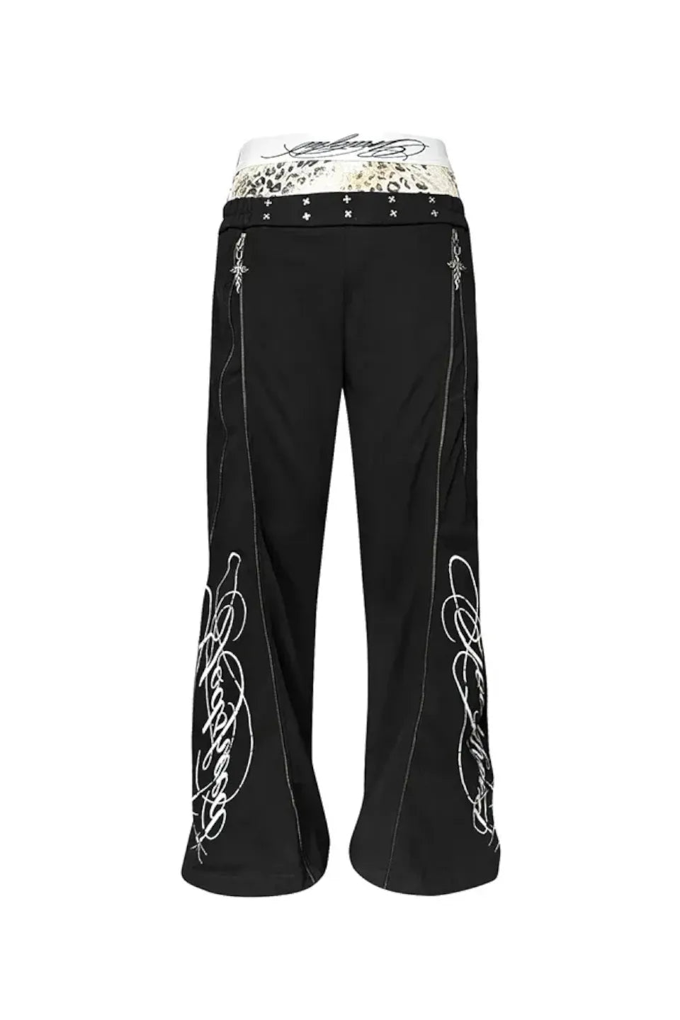 Calligraphy Leopard Double Waistband Side Zip Flared Sweatpants