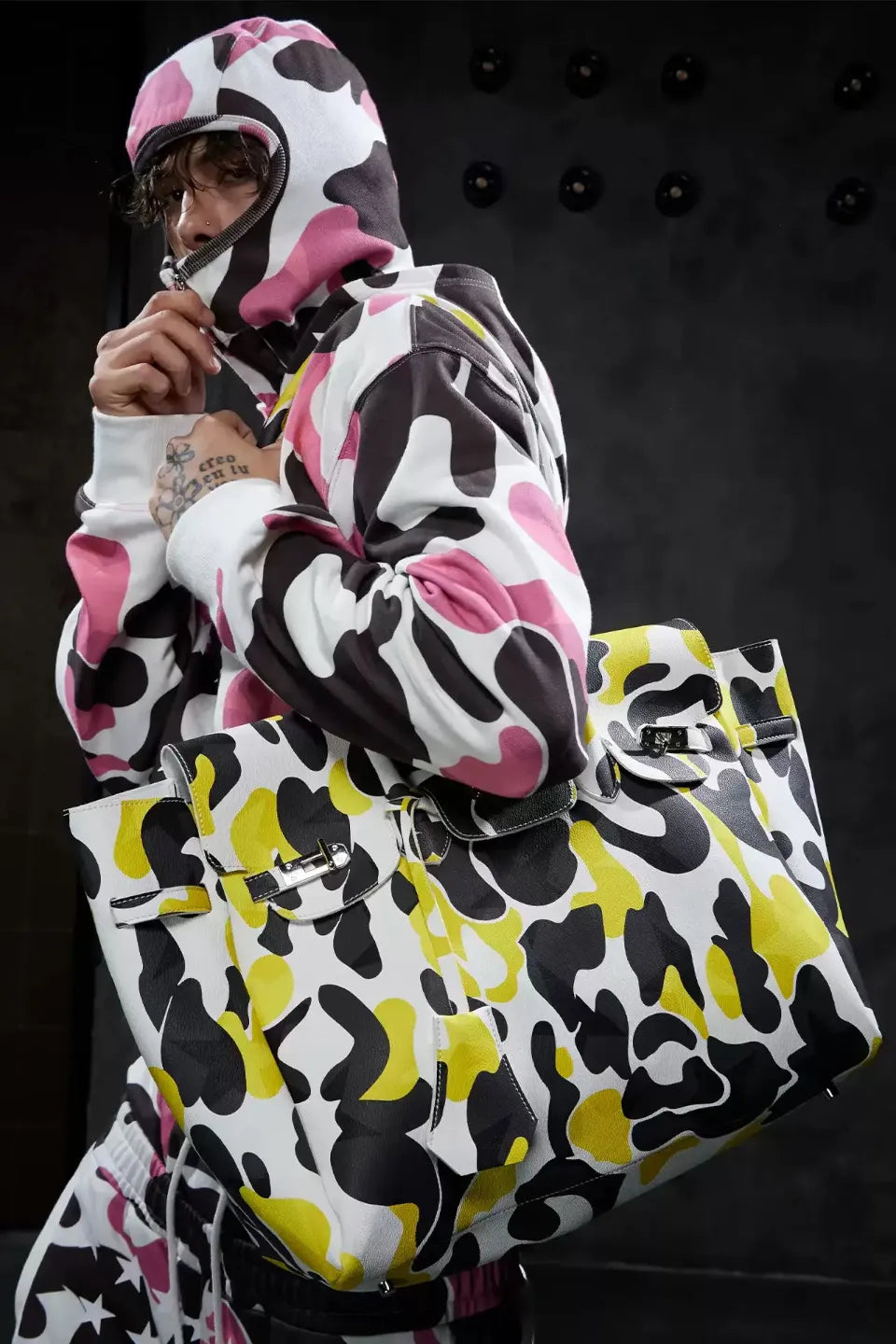 Camo Metal Buckle Oversized Tote Bag