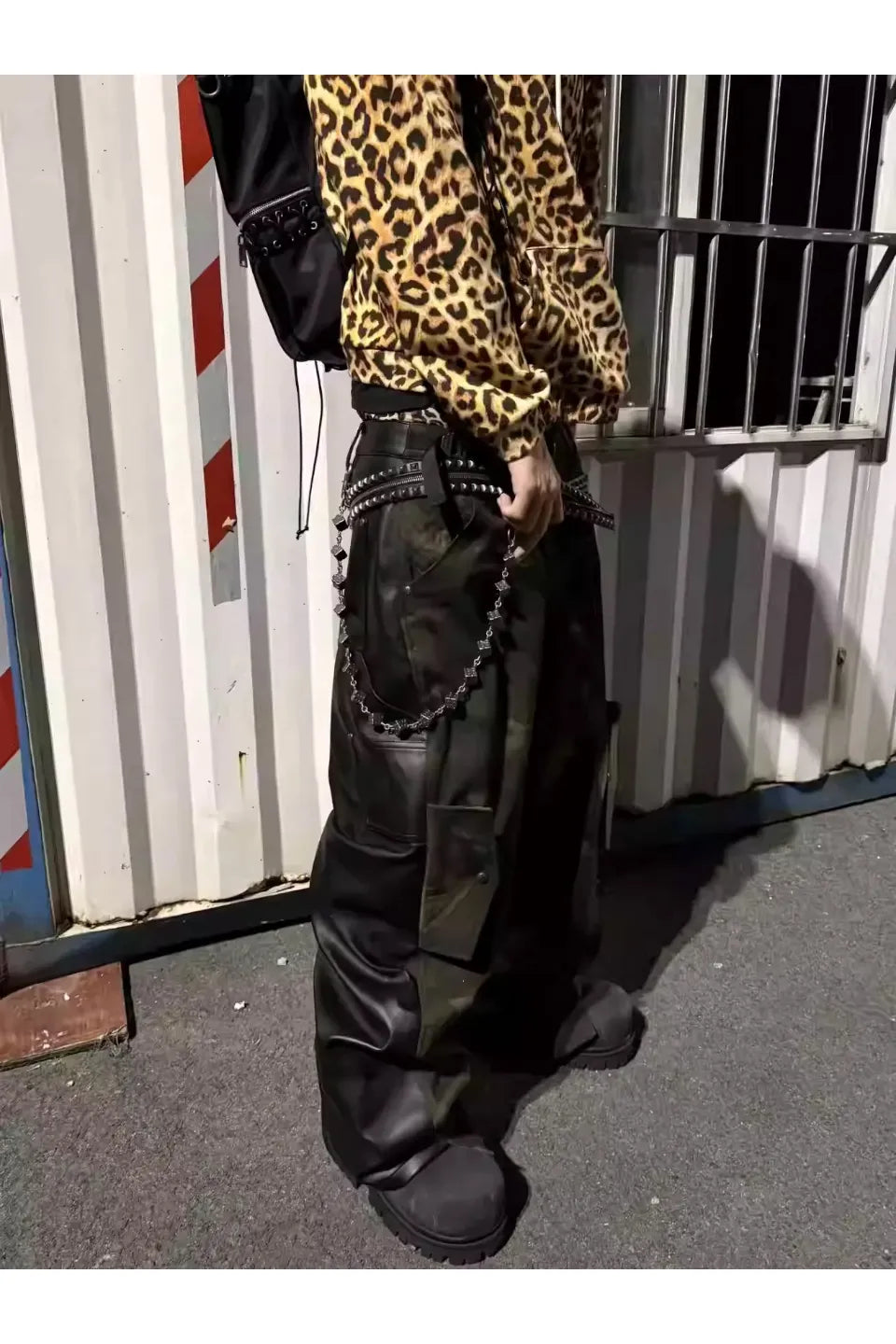 Camouflage Patchwork Leather Distressed Pants