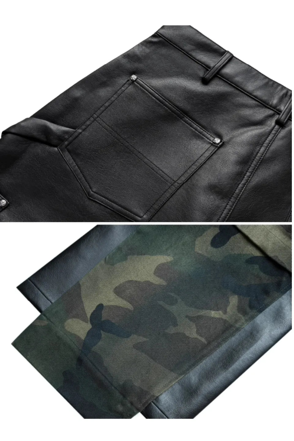 Camouflage Patchwork Leather Distressed Pants