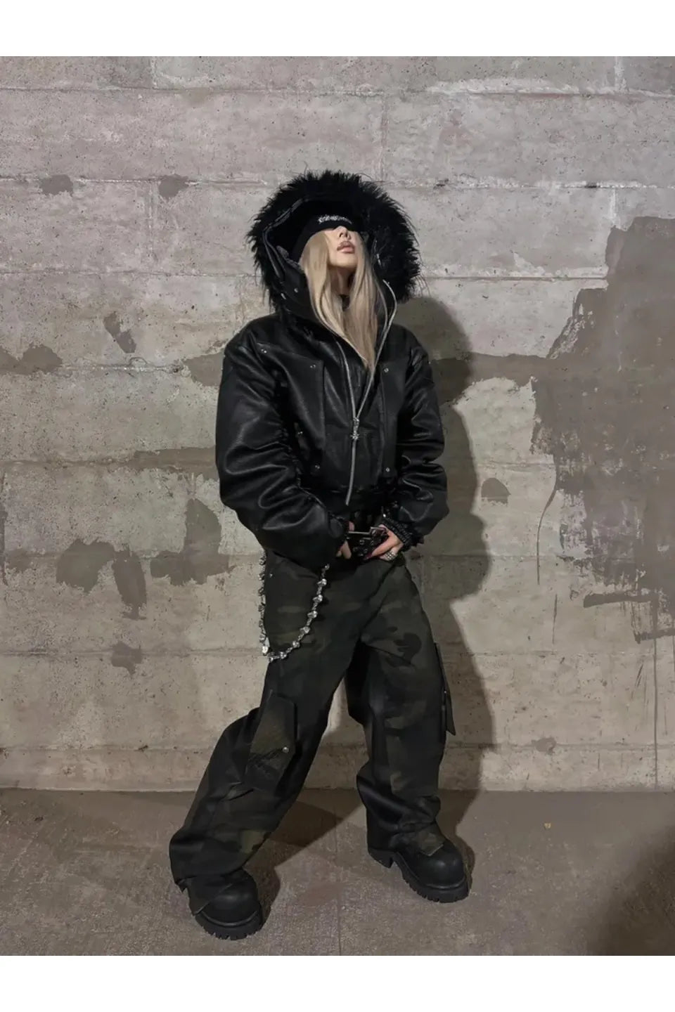 Camouflage Patchwork Leather Distressed Pants