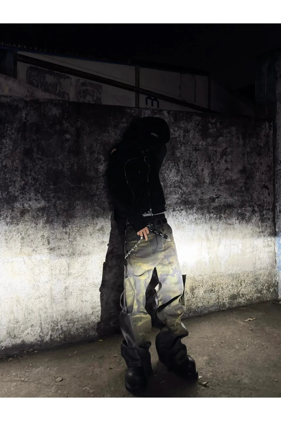 Camouflage Patchwork Leather Distressed Pants