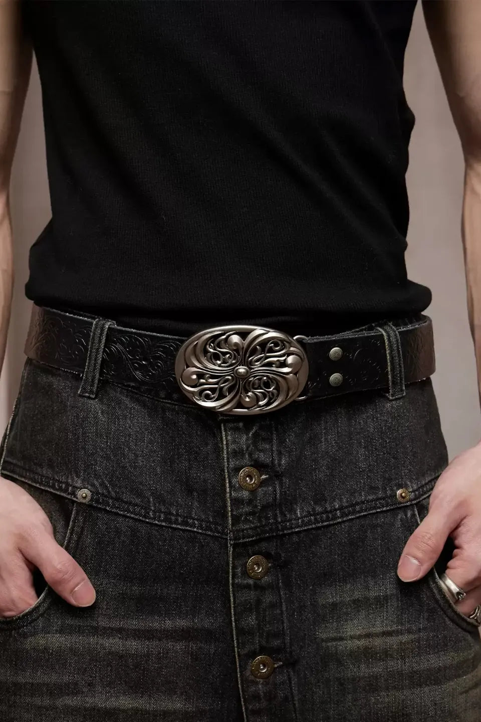Chrome Acanthus Carved Leather Belt