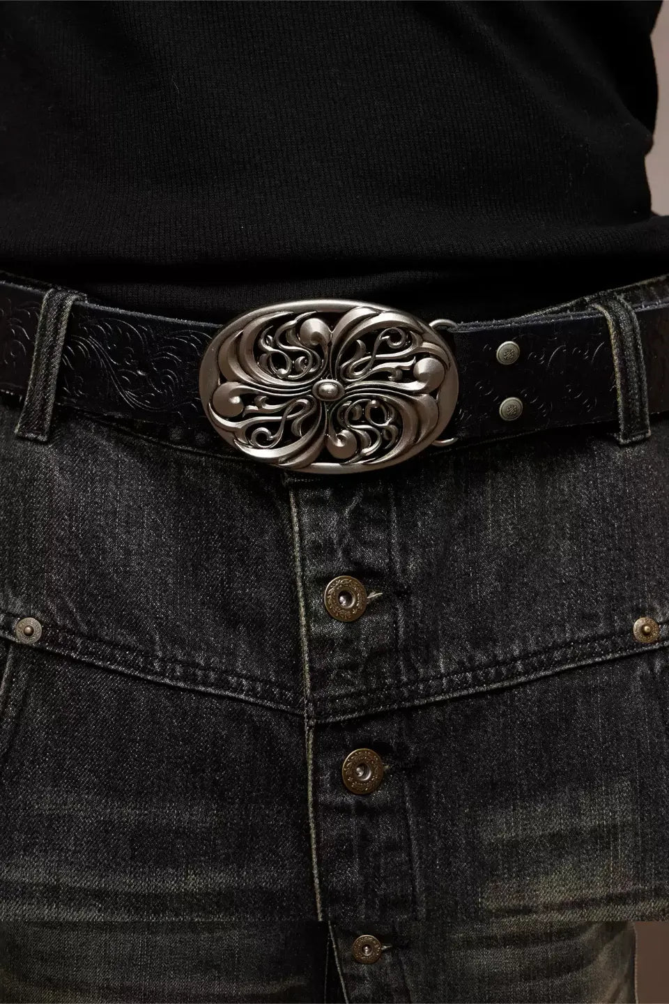 Chrome Acanthus Carved Leather Belt