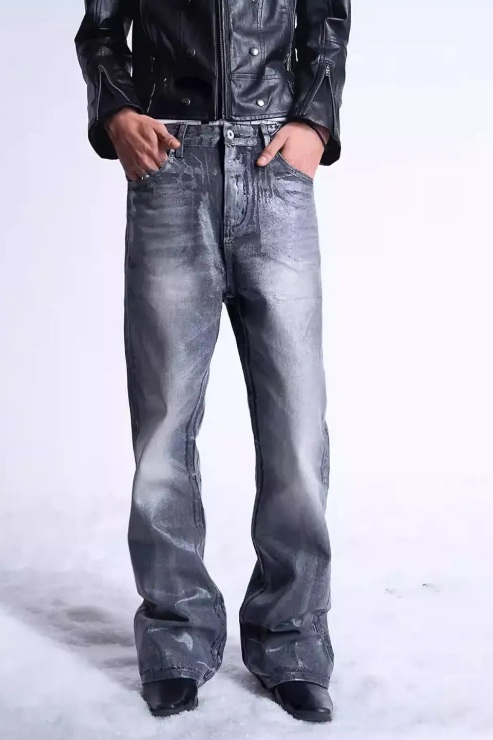 Crack Brush and Faded Flare Jeans