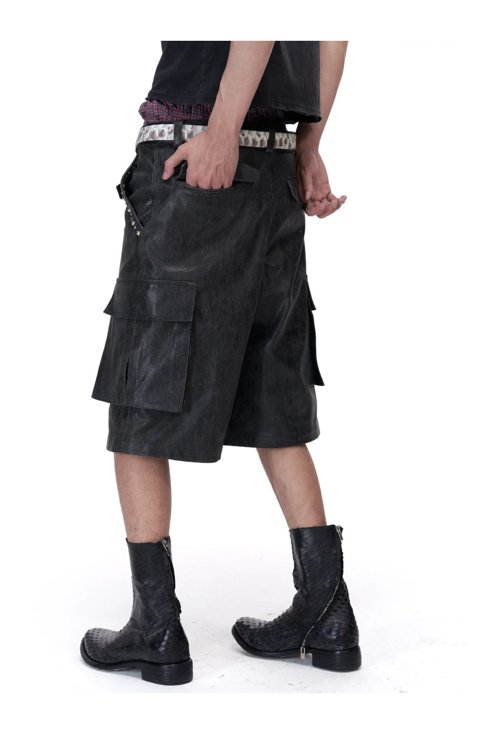 Cracked Faux Leather Distressed Studs Cargo Shorts