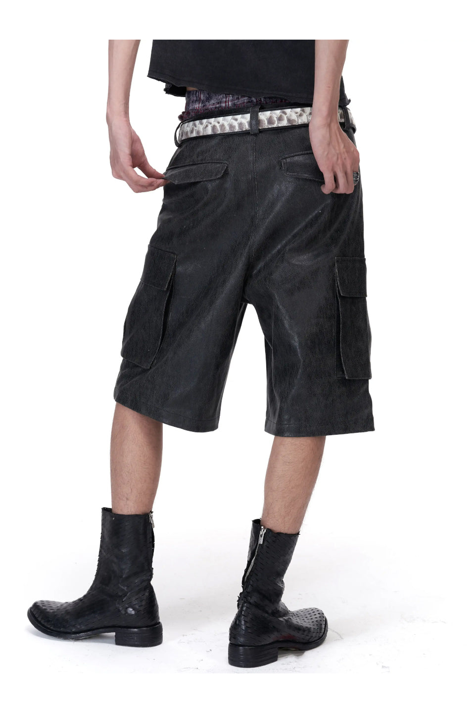 Cracked Faux Leather Distressed Studs Cargo Shorts