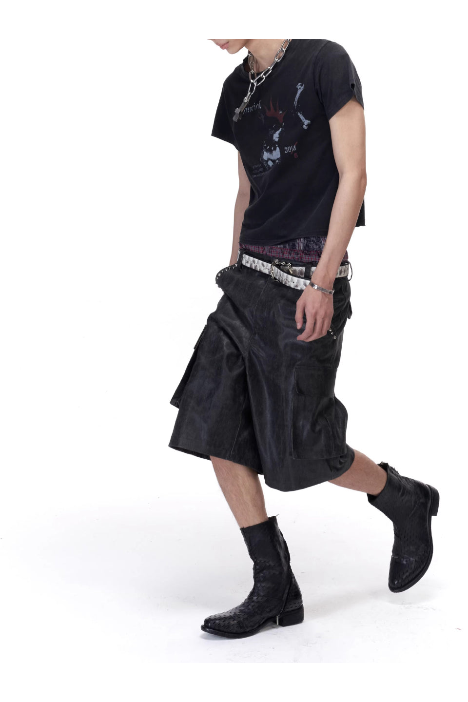 Cracked Faux Leather Distressed Studs Cargo Shorts