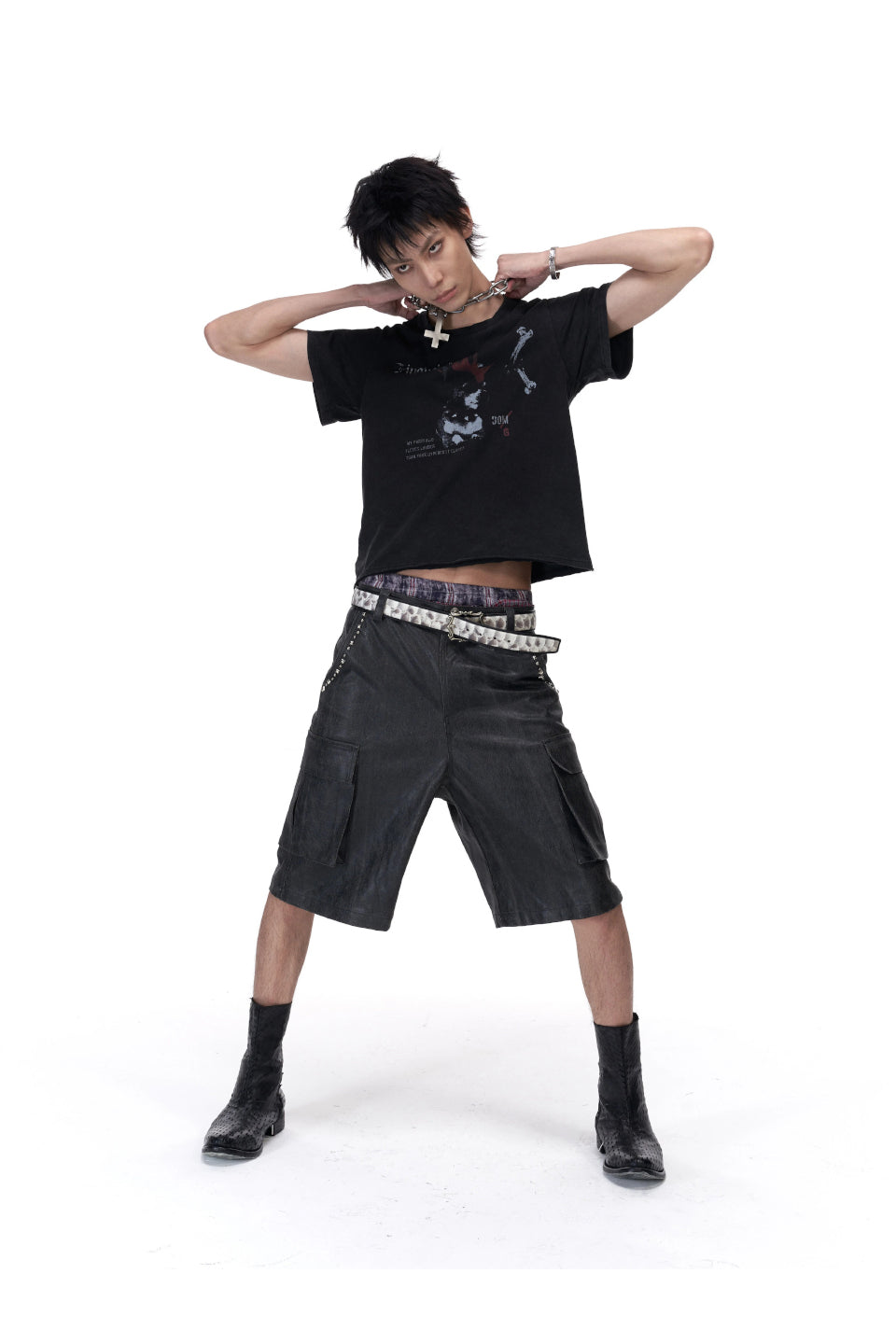 Cracked Faux Leather Distressed Studs Cargo Shorts