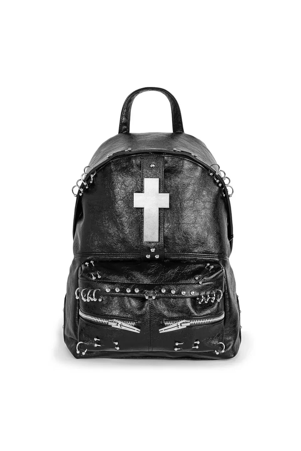 REBEL WAVE Crackle Pattern Hardware Backpack - ひび割れ加工とパンチング装飾が特徴のブラックバックパック正面