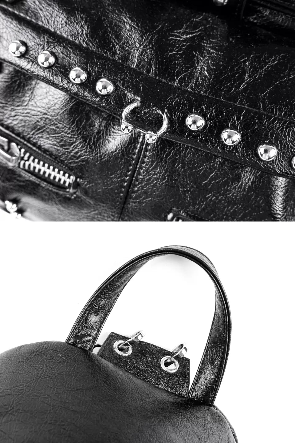 REBEL WAVE バックパックの詳細。重厚なメタルバックルと、クラックレザー、パーフォレーション加工のコントラスト