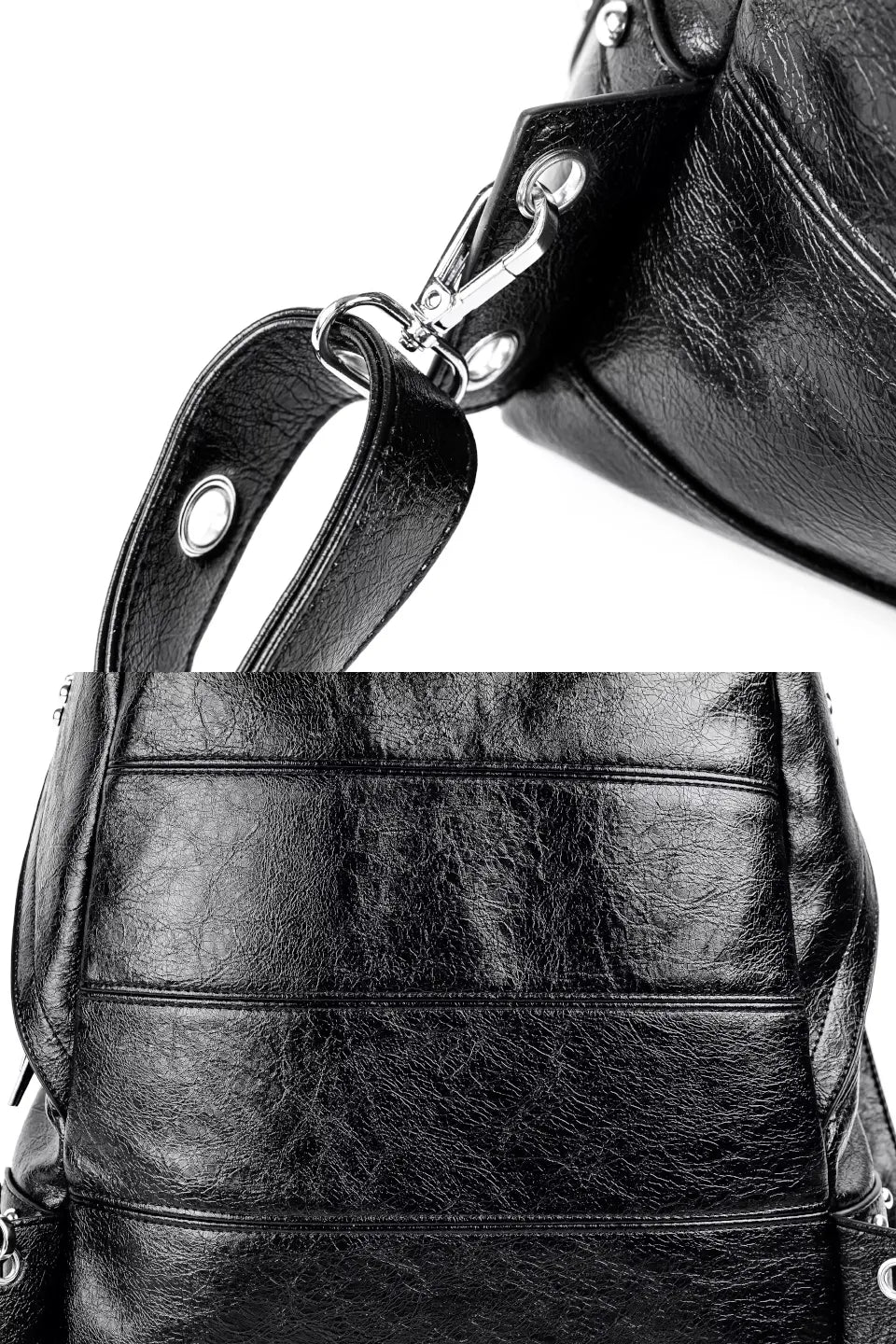 REBEL WAVE バックパックの詳細。重厚なメタルバックルと、クラックレザー、パーフォレーション加工のコントラスト