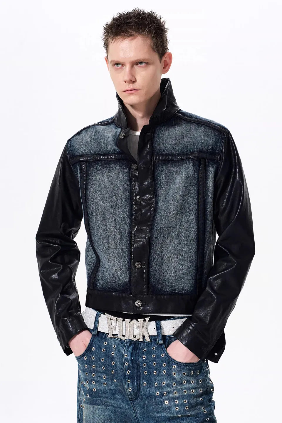 Cropped Leather Trim Denim Biker Jacket