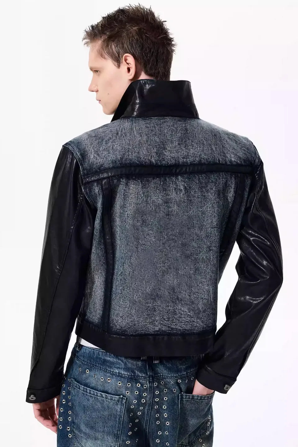 FOURTH3EX | Cropped Leather Trim Denim Biker Jacket