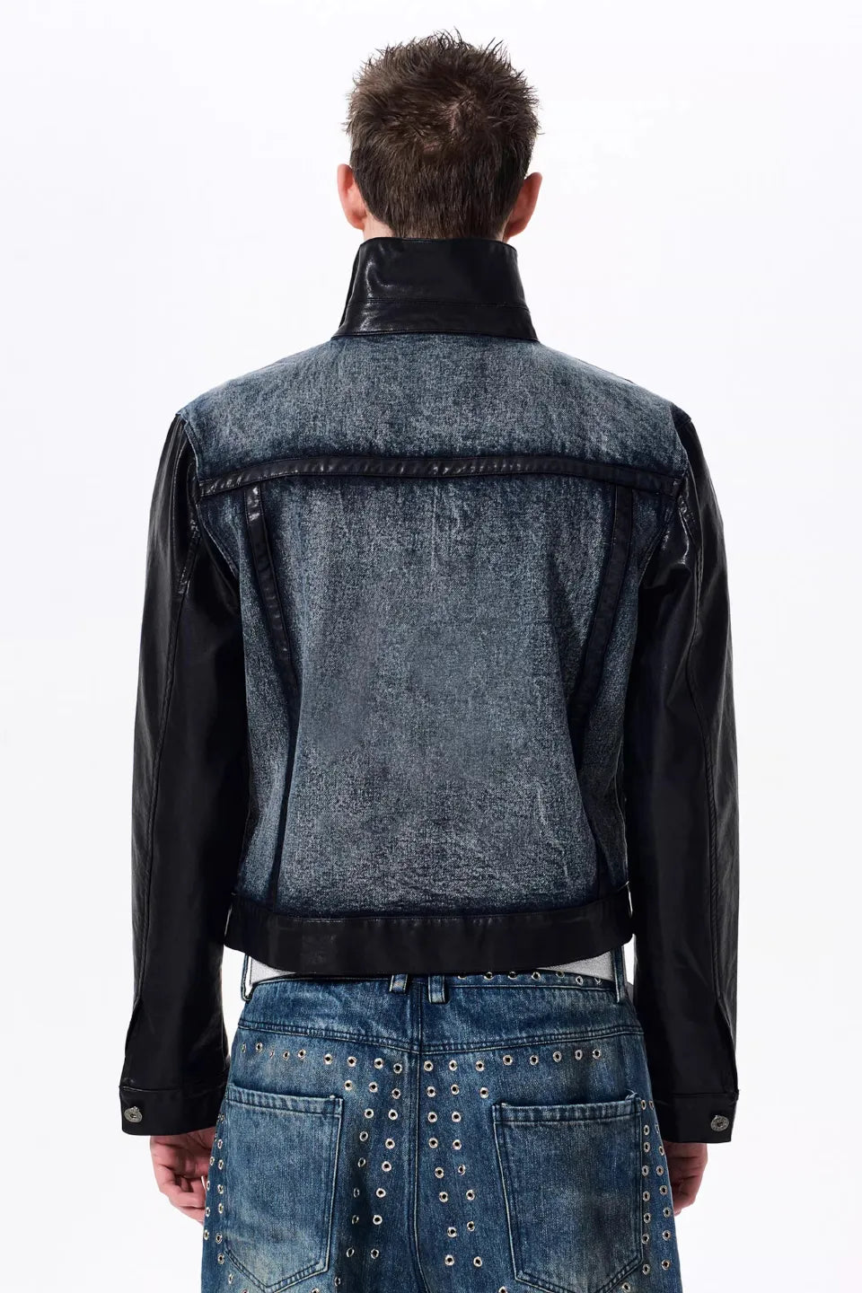 Cropped Leather Trim Denim Biker Jacket