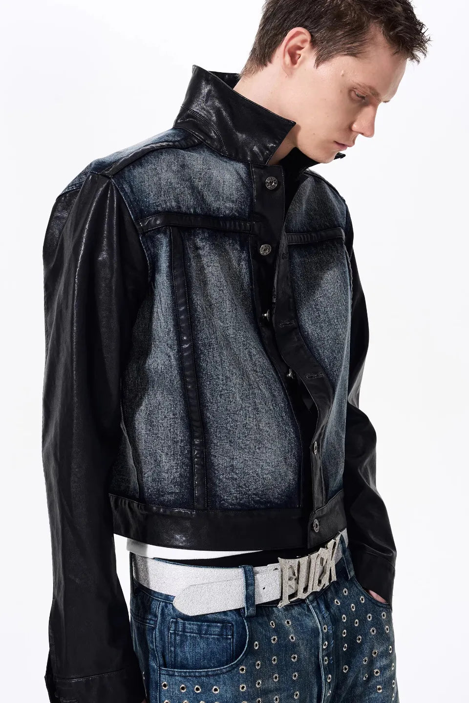 Cropped Leather Trim Denim Biker Jacket