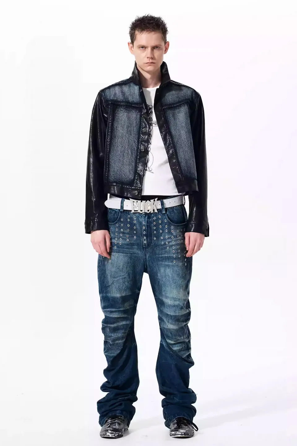 FOURTH3EX | Cropped Leather Trim Denim Biker Jacket