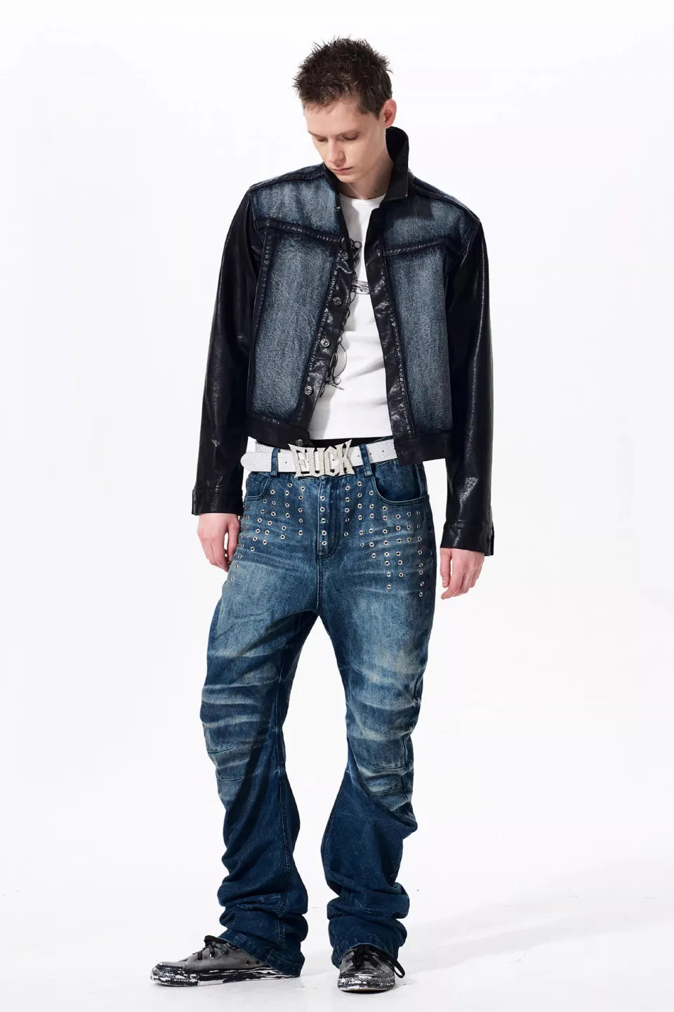FOURTH3EX | Cropped Leather Trim Denim Biker Jacket