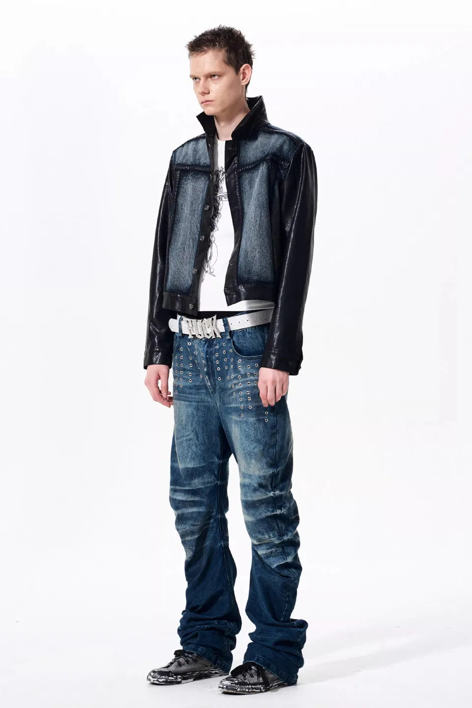 Cropped Leather Trim Denim Biker Jacket