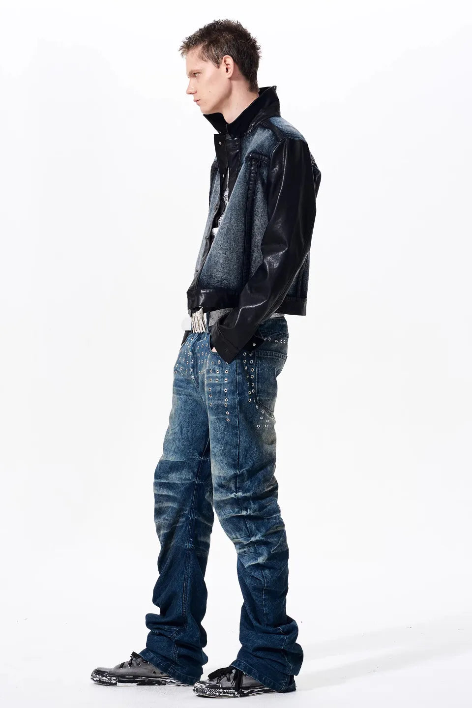 FOURTH3EX | Cropped Leather Trim Denim Biker Jacket