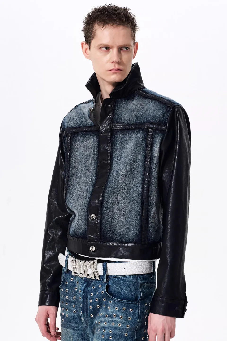 Cropped Leather Trim Denim Biker Jacket