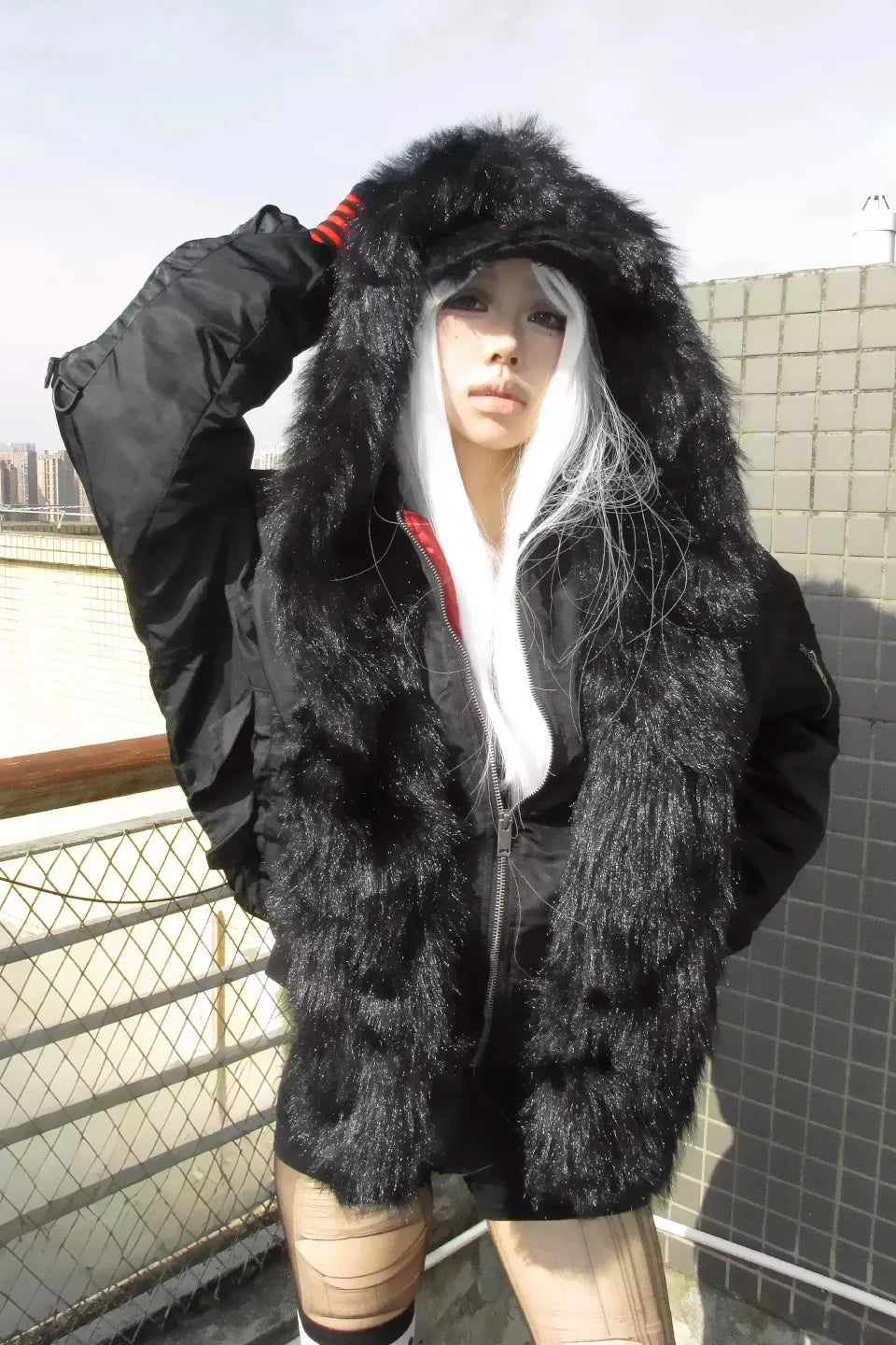 Cross Coffin Fur Scarf Lapel Detachable Hooded Cotton Jacket