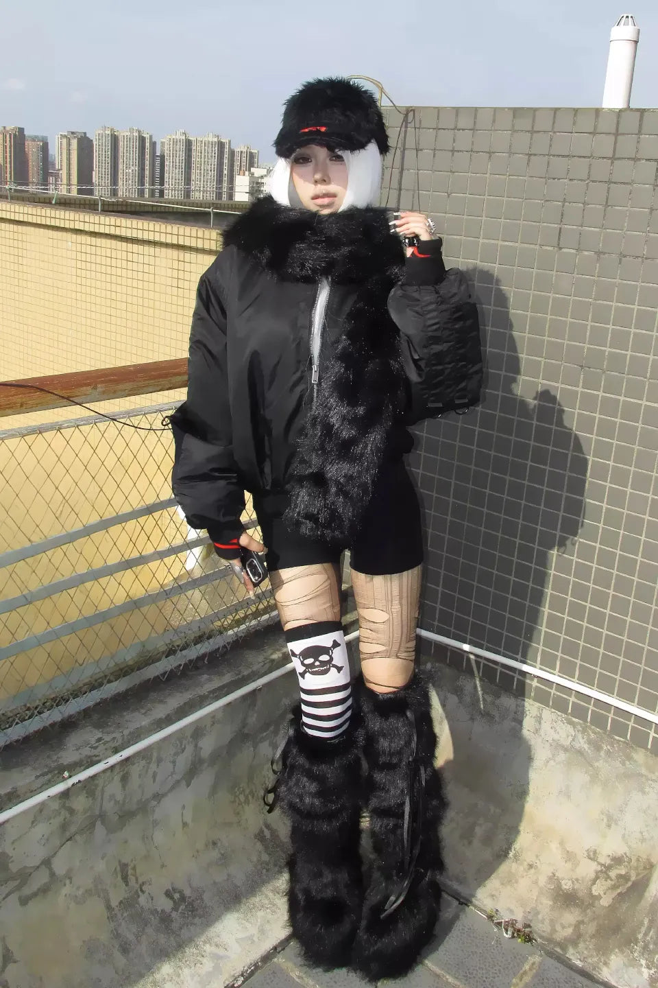 Cross Coffin Fur Scarf Lapel Detachable Hooded Cotton Jacket