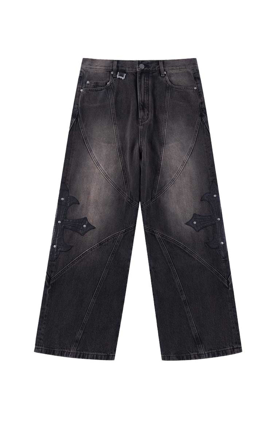 Cross Leather Patch Baggy Denim Pants