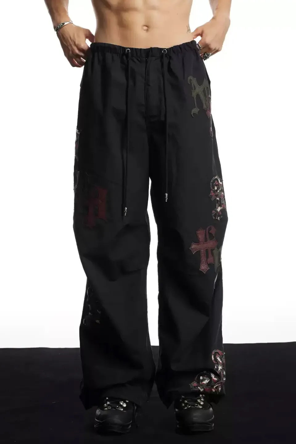 Cross Leather Patch Wide Track Pants