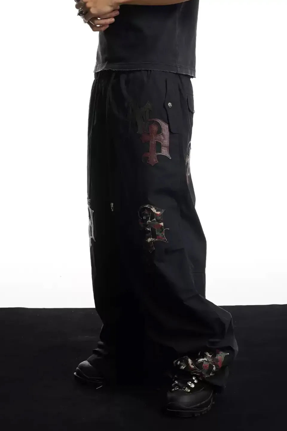 Cross Leather Patch Wide Track Pants