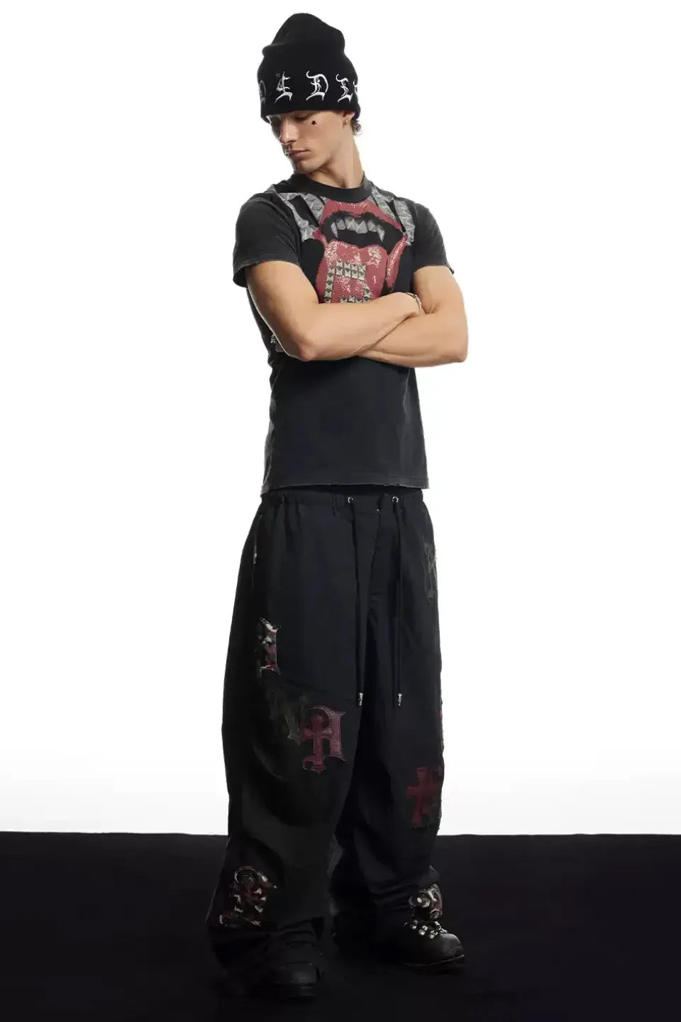 Cross Leather Patch Wide Track Pants