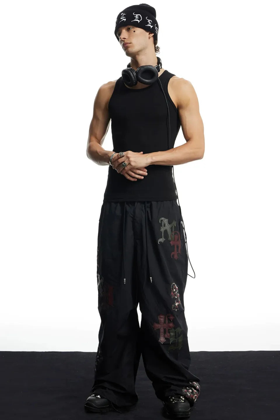 Cross Leather Patch Wide Track Pants