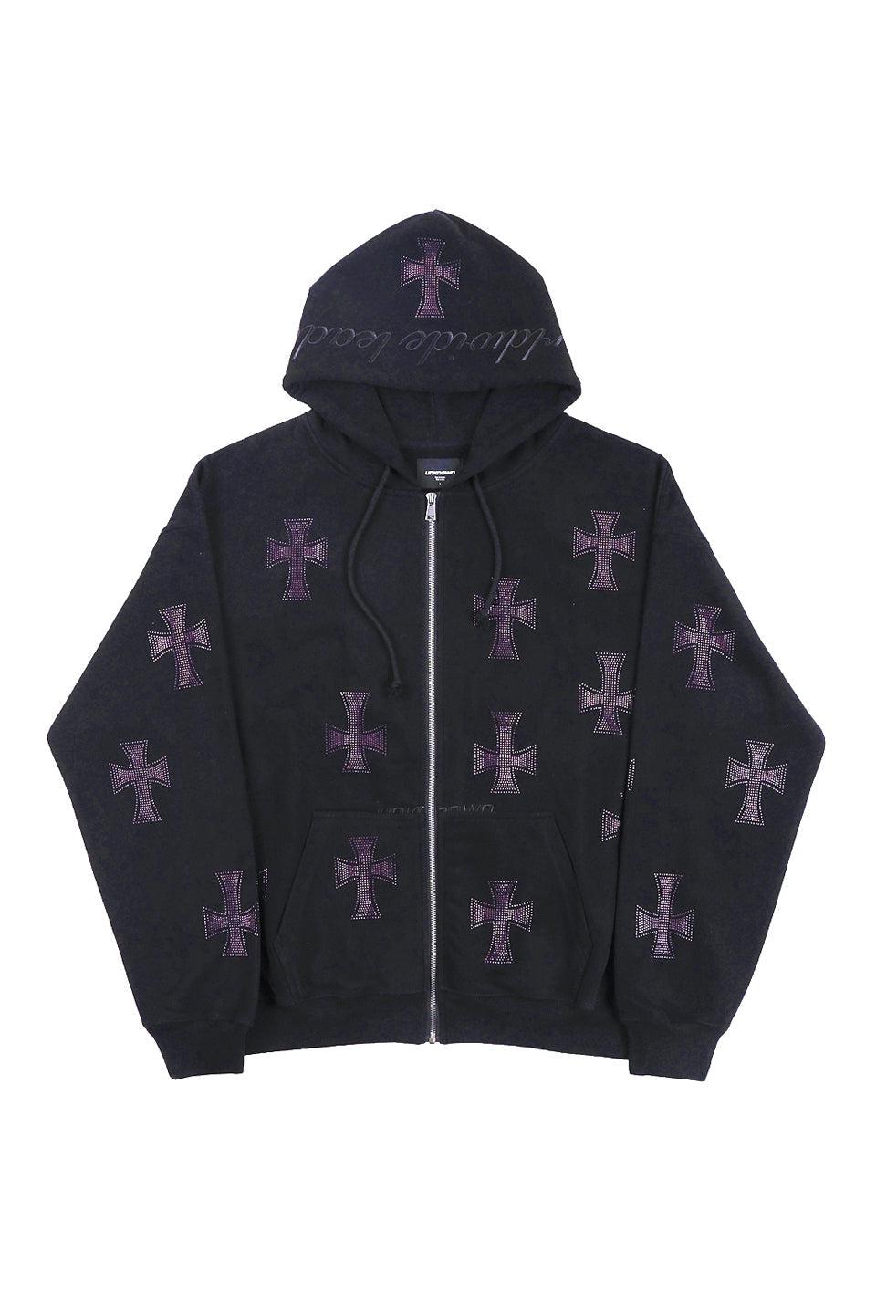 Cross Rhinestone Zip Hoodie - black silver / L