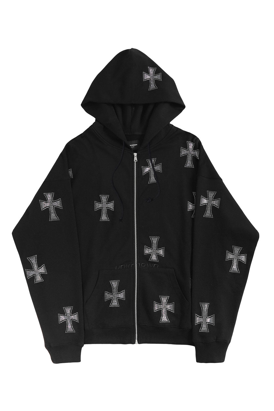 Cross Rhinestone Zip Hoodie - black silver / L