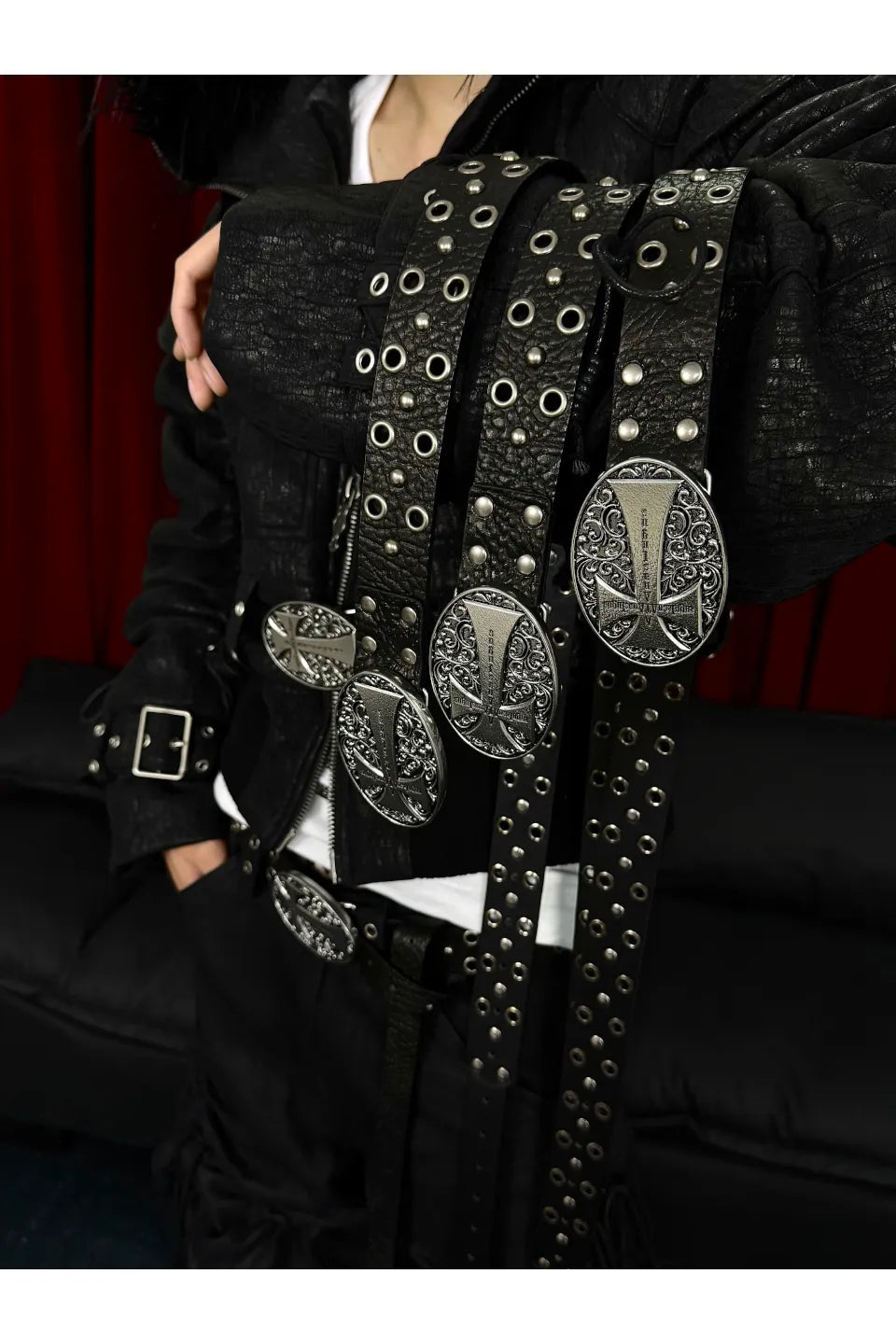 Cross Studded Eyelet Elephant Leather Belt
