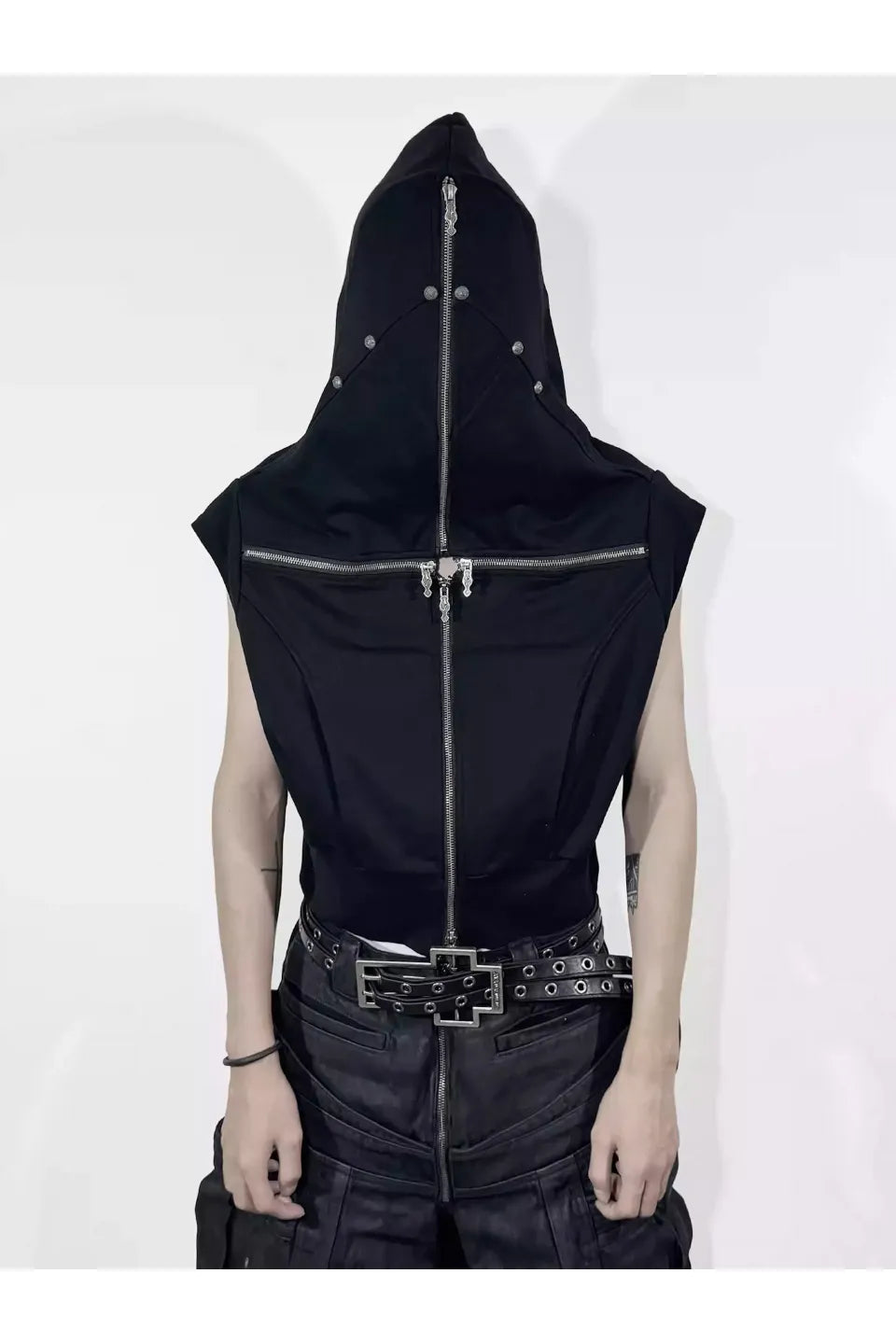 Cross Zip Connected Shoulder Armor Hoodie