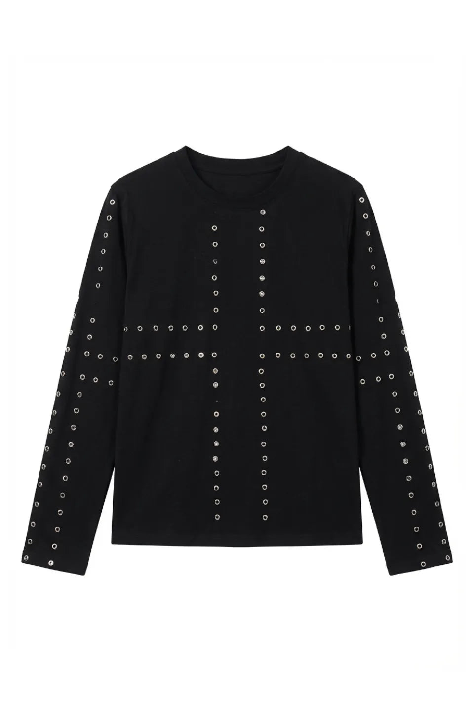 FOURTH3EX Cross Eyelet LS Tee - フロントに銀色のハトメでクロスがデザインされたブラックロンT正面