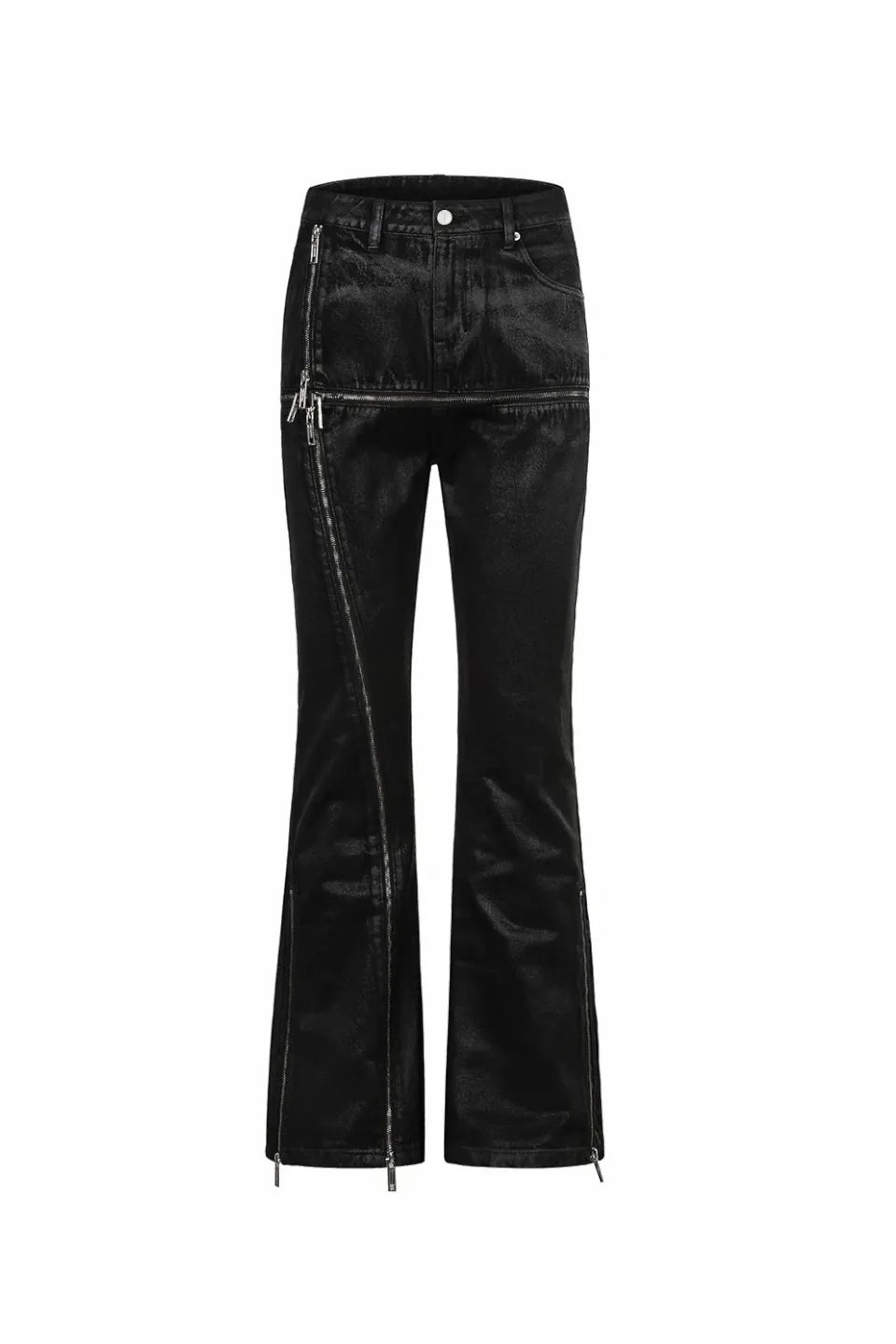 Cross Stitch Zip Waxed Denim Flare Pants