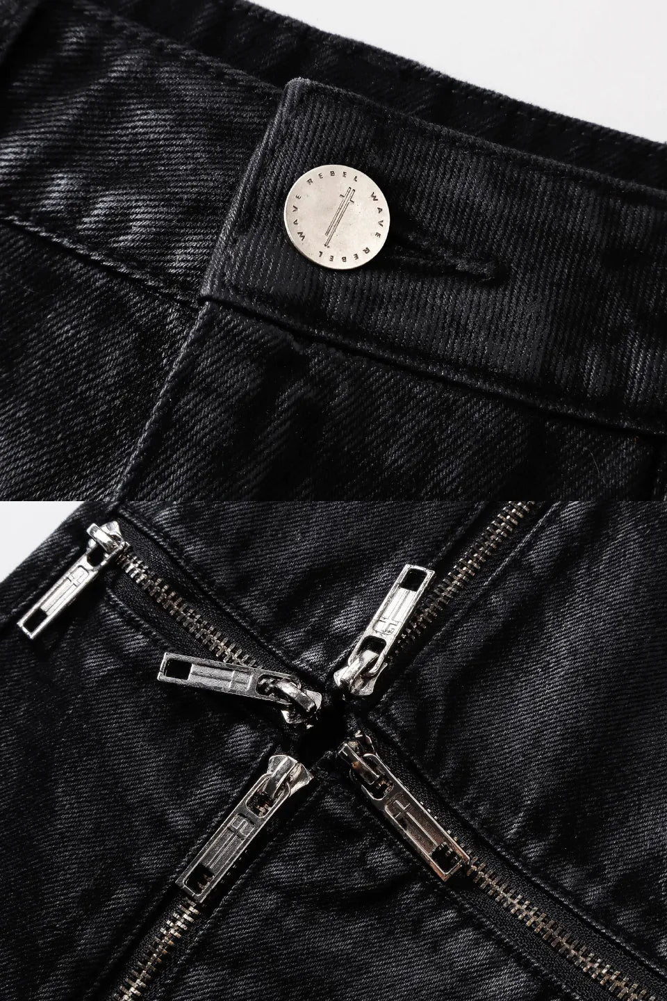 Cross Stitch Zip Waxed Denim Flare Pants